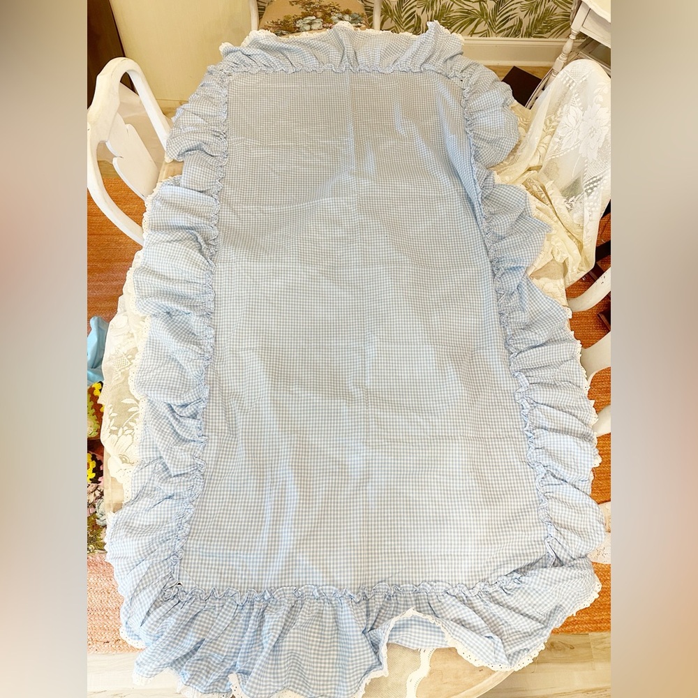 Ruffled Gingham Bed Runner in Light Blue - Home Bedding